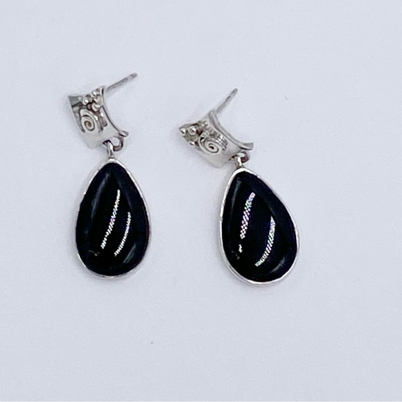 Sterling Silver Black Onyx Stone Dangle Earrings - Picture 3 of 10